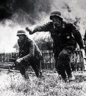German troops escape a buring village German troops escape a buring village