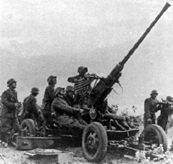 Bofors still mounted on wheels